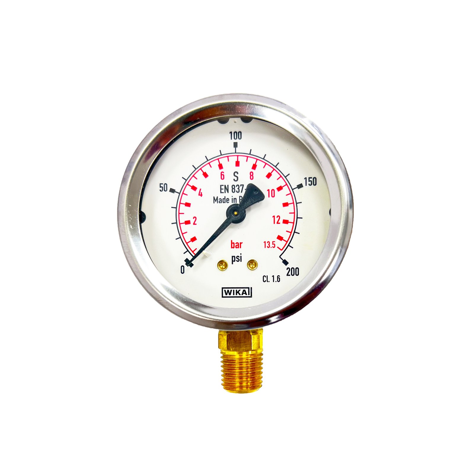 0..103 Bar (0..1500 psi) Glycerin Pressure Gauge Below/Under/Bottom Connection Stainless Steel/Brass 63 mm Class 1.6