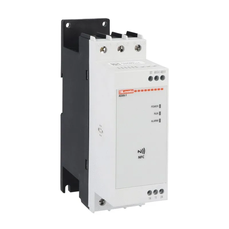 Lovato Electric, Soft starter, ADXNF type, NFC version, with integrated by-pass relay, built-in fan, Auxiliary supply 24VAC/DC, Rated operational voltage 208..600VAC, 45A, ADXNF04524